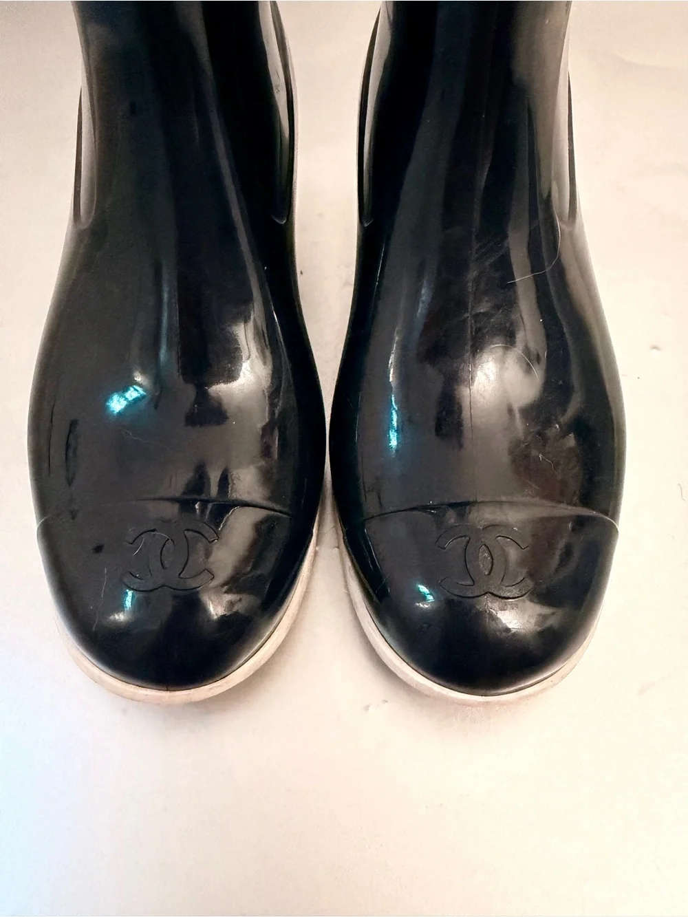 CHANEL Black Rain Boots with Black and White Camellia Details